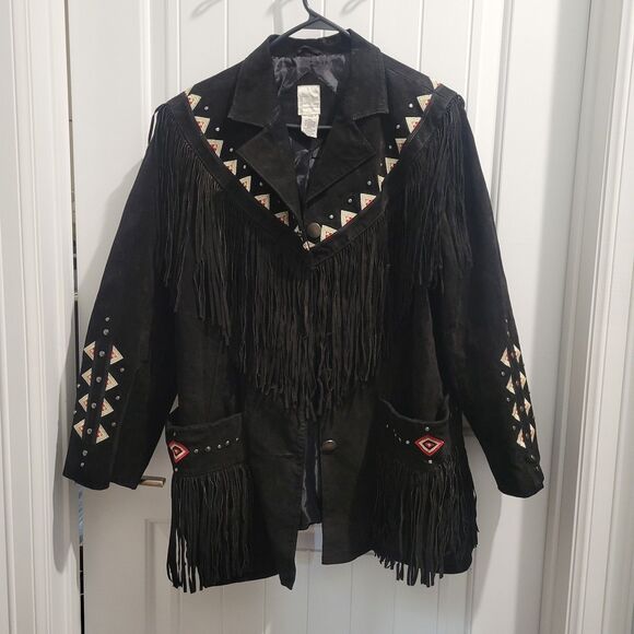 Black Western Suede Leather Fringe Jacket Embroidered Roamans Womens  Sz 18W - Picture 1 of 14